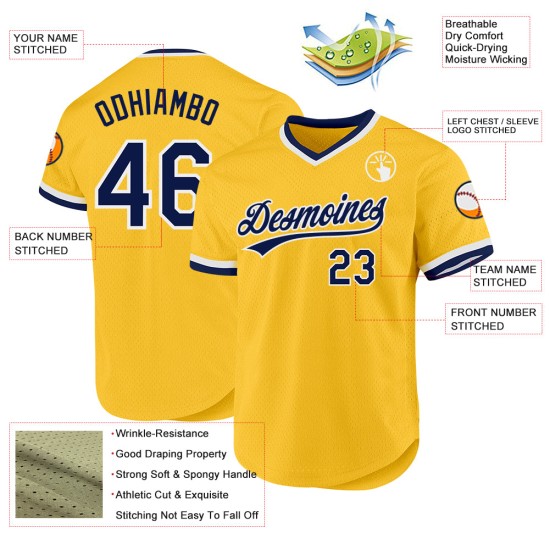 Maglia da baseball personalizzata retrò blu navy e bianca autentica color oro Maglia da baseball personalizzata retrò blu navy e bianca autentica color oro