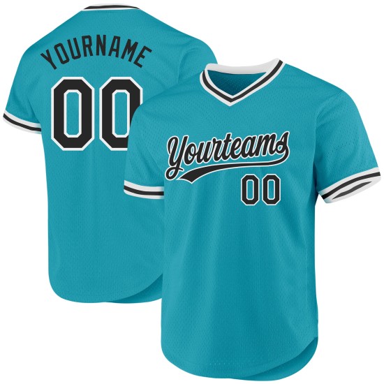 Maglia da baseball autentica personalizzata, nera e bianca, stile retrò, verde acqua Maglia da baseball autentica personalizzata, nera e bianca, stile retrò, verde acqua