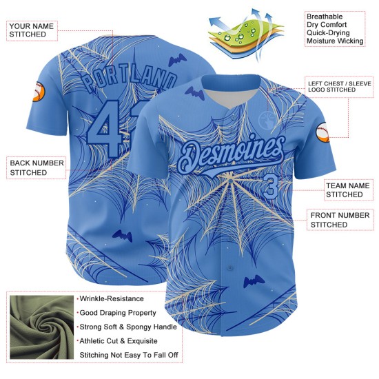 Maglia da baseball con motivo a ragno luminoso personalizzato blu 3D, modello autentico color crema-blu Maglia da baseball con motivo a ragno luminoso personalizzato blu 3D, modello autentico color crema-blu