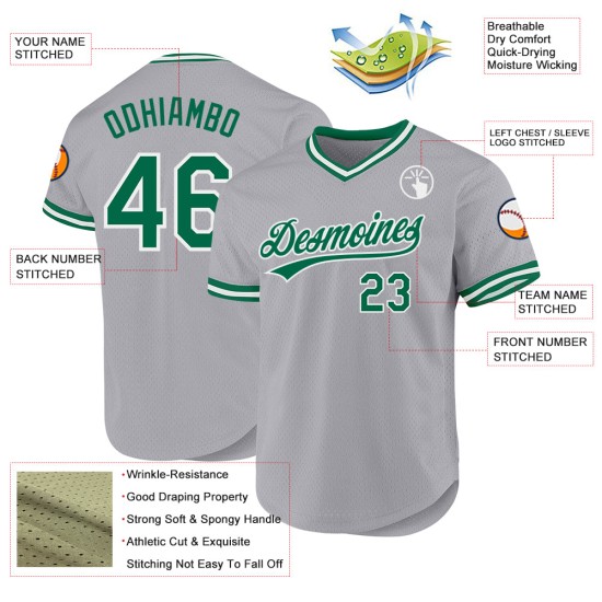 Maglia da baseball autentica grigia Kelly Throwback verde-bianca personalizzata Maglia da baseball autentica grigia Kelly Throwback verde-bianca personalizzata