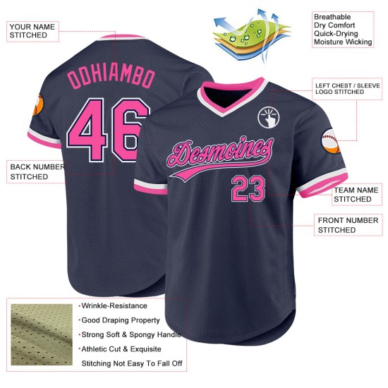 Maglia da baseball blu navy rosa-bianca personalizzata autentica retrò Maglia da baseball blu navy rosa-bianca personalizzata autentica retrò