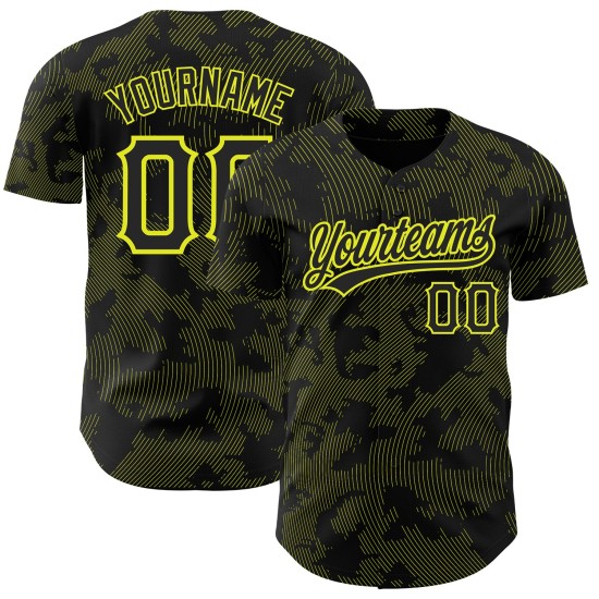 Maglia da baseball con motivo personalizzato Lines Neon 3D, design autentico, nero e giallo, curva Maglia da baseball con motivo personalizzato Lines Neon 3D, design autentico, nero e giallo, curva
