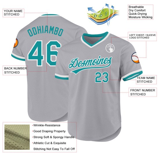 Maglia da baseball personalizzata retrò autentica grigia, verde acqua e bianco Maglia da baseball personalizzata retrò autentica grigia, verde acqua e bianco