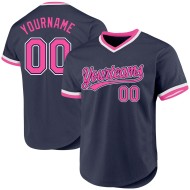 Maglia da baseball blu navy rosa-bianca personalizzata autentica retrò