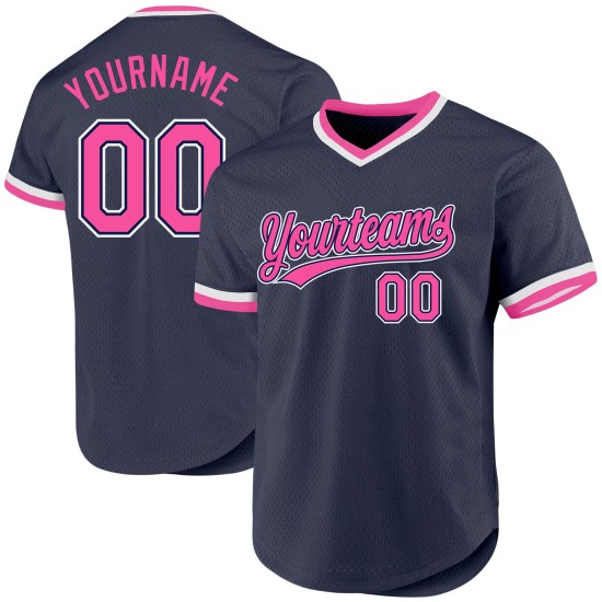 Maglia da baseball blu navy rosa-bianca personalizzata autentica retrò Maglia da baseball blu navy rosa-bianca personalizzata autentica retrò