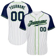 Authentic White Green Raglan Baseball Navy Sleeves Jersey Navy-Neon Custom Pinstripe