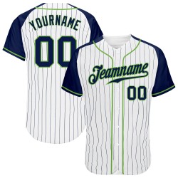 Authentic White Green Raglan Baseball Navy Sleeves Jersey Navy-Neon Custom Pinstripe