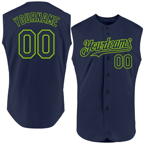 Maglia Neon autentica senza maniche blu navy da baseball verde personalizzata Maglia Neon autentica senza maniche blu navy da baseball verde personalizzata