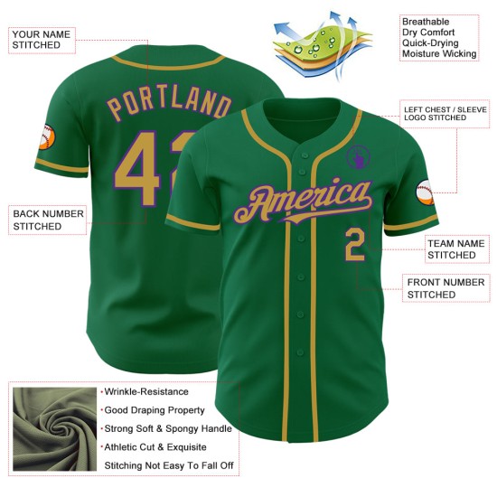 Maglia da baseball personalizzata Old Kelly autentica, verde, oro-viola Maglia da baseball personalizzata Old Kelly autentica, verde, oro-viola