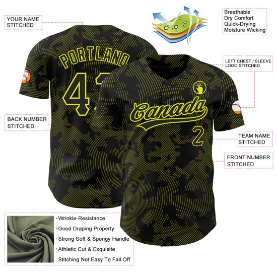 Maglia da baseball con motivo personalizzato Lines Neon 3D, design autentico, nero e giallo, curva Maglia da baseball con motivo personalizzato Lines Neon 3D, design autentico, nero e giallo, curva