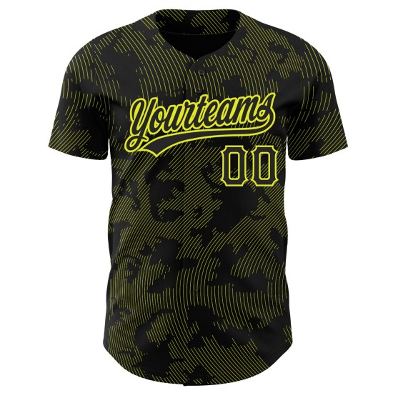 Maglia da baseball con motivo personalizzato Lines Neon 3D, design autentico, nero e giallo, curva Maglia da baseball con motivo personalizzato Lines Neon 3D, design autentico, nero e giallo, curva