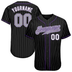 Custom Authentic Black Baseball Gray Pinstripe Gray-Purple Jersey