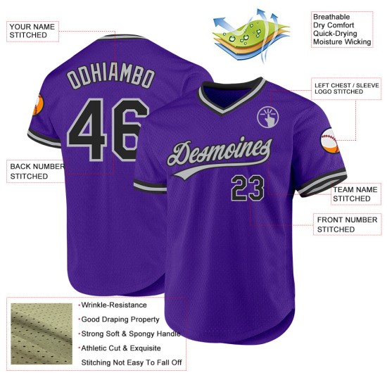 Maglia da baseball personalizzata autentica viola, nera e grigia, stile retrò Maglia da baseball personalizzata autentica viola, nera e grigia, stile retrò