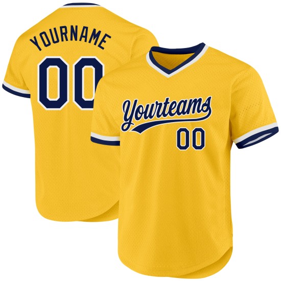 Maglia da baseball personalizzata retrò blu navy e bianca autentica color oro Maglia da baseball personalizzata retrò blu navy e bianca autentica color oro