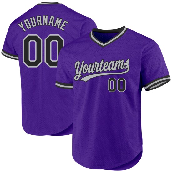 Maglia da baseball personalizzata autentica viola, nera e grigia, stile retrò Maglia da baseball personalizzata autentica viola, nera e grigia, stile retrò